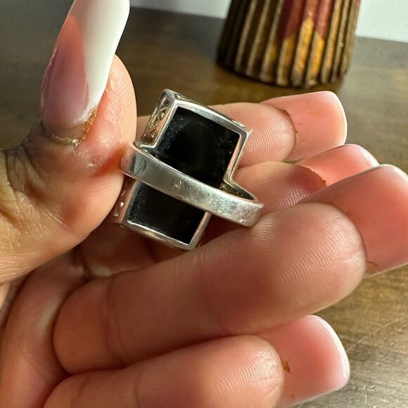 QVC Affinity Sterling Silver Onyx Diamond Athens Greek Key Ring Size 7 - Picture 3 of 6